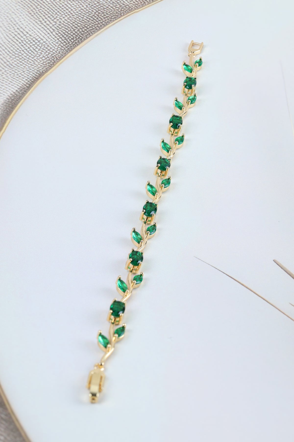 Green Tulip Bracelet - Emerald-Green Vine Design Green Tulip Bracelet for Women  Gold Plated CZ