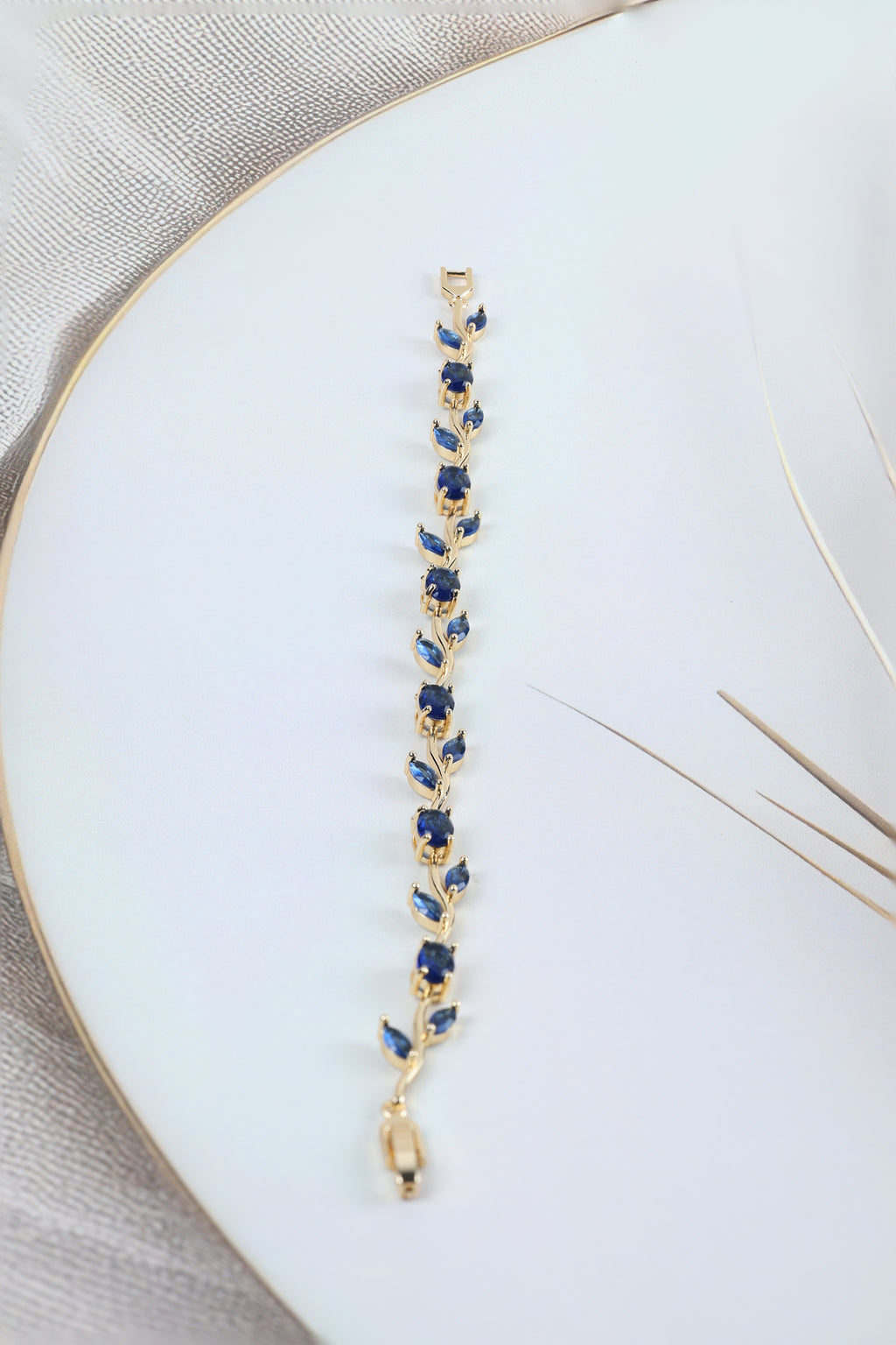 Tulip Vine Bracelet - Sapphire Blue CZ Stones, 18K Gold Plated, Royal Blue CZ Tulip Bracelet in Gold Plating