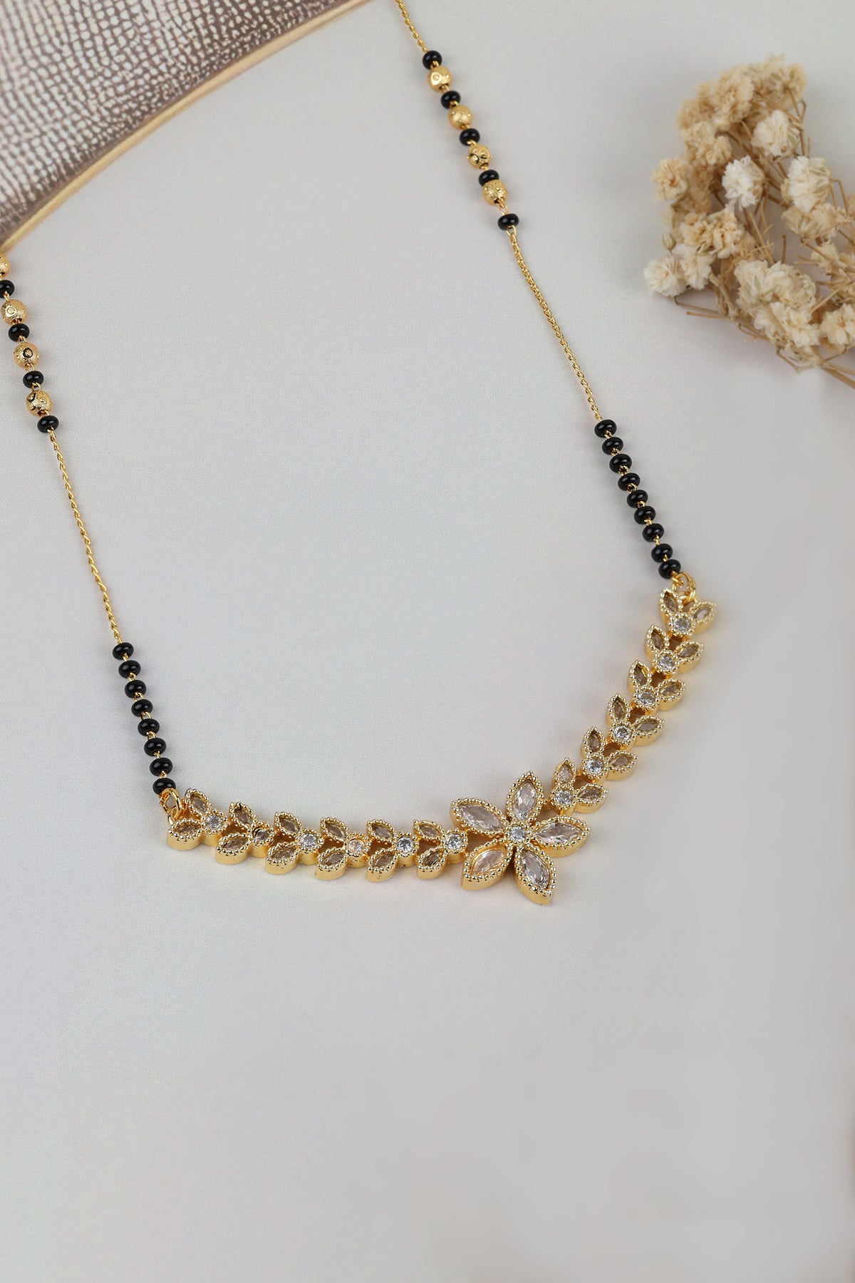Dainty Gold Mangalsutra – Floral Leaf CZ Pendant Daily Wear Necklace