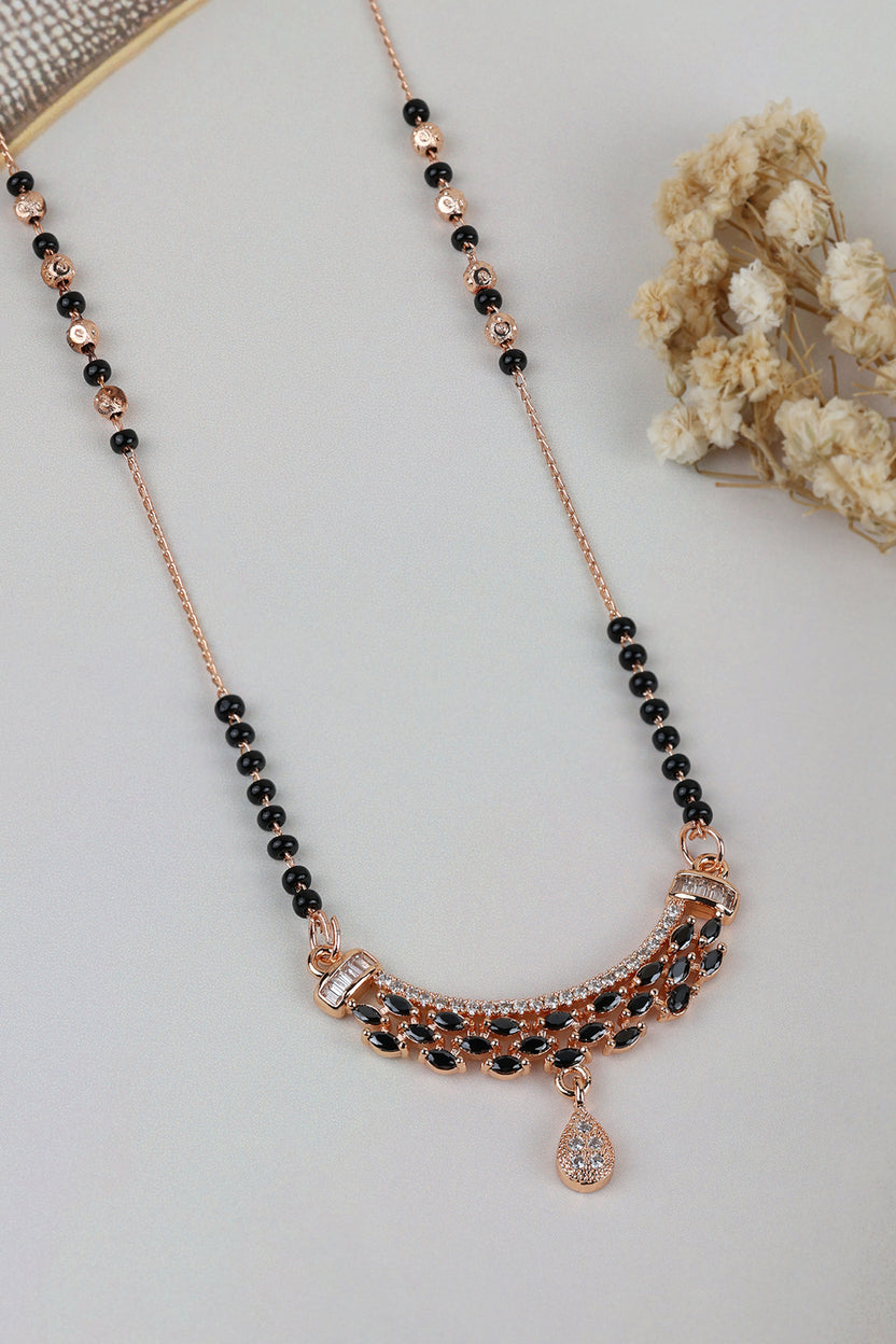 Dainty Rose Gold Mangalsutra – Black & White CZ Curved Pendant with Drop Daily Wear Necklace for Women