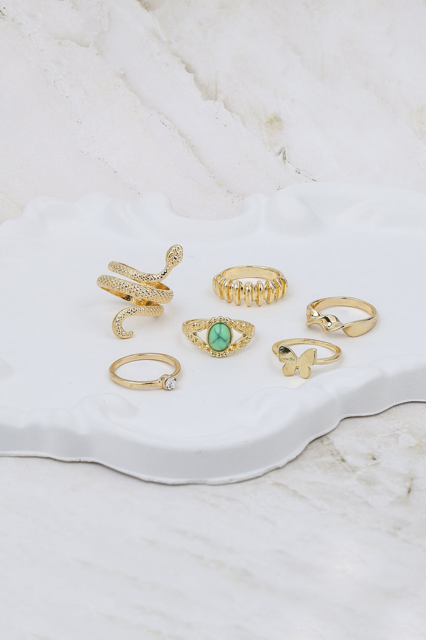 Bohemian Serpentine 6-piece Gold Ring Set