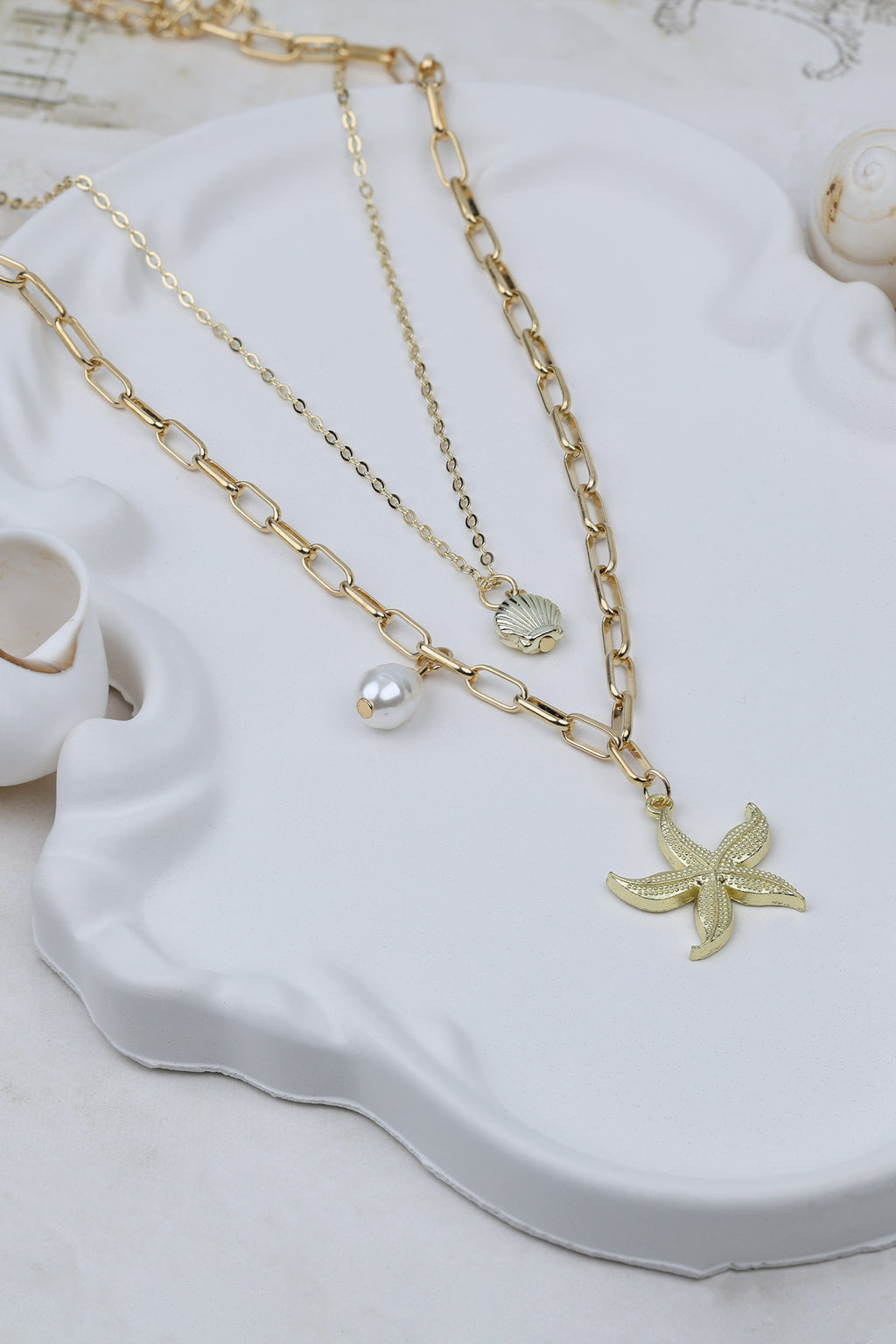 Layered Starfish and Seashell Charm Necklace