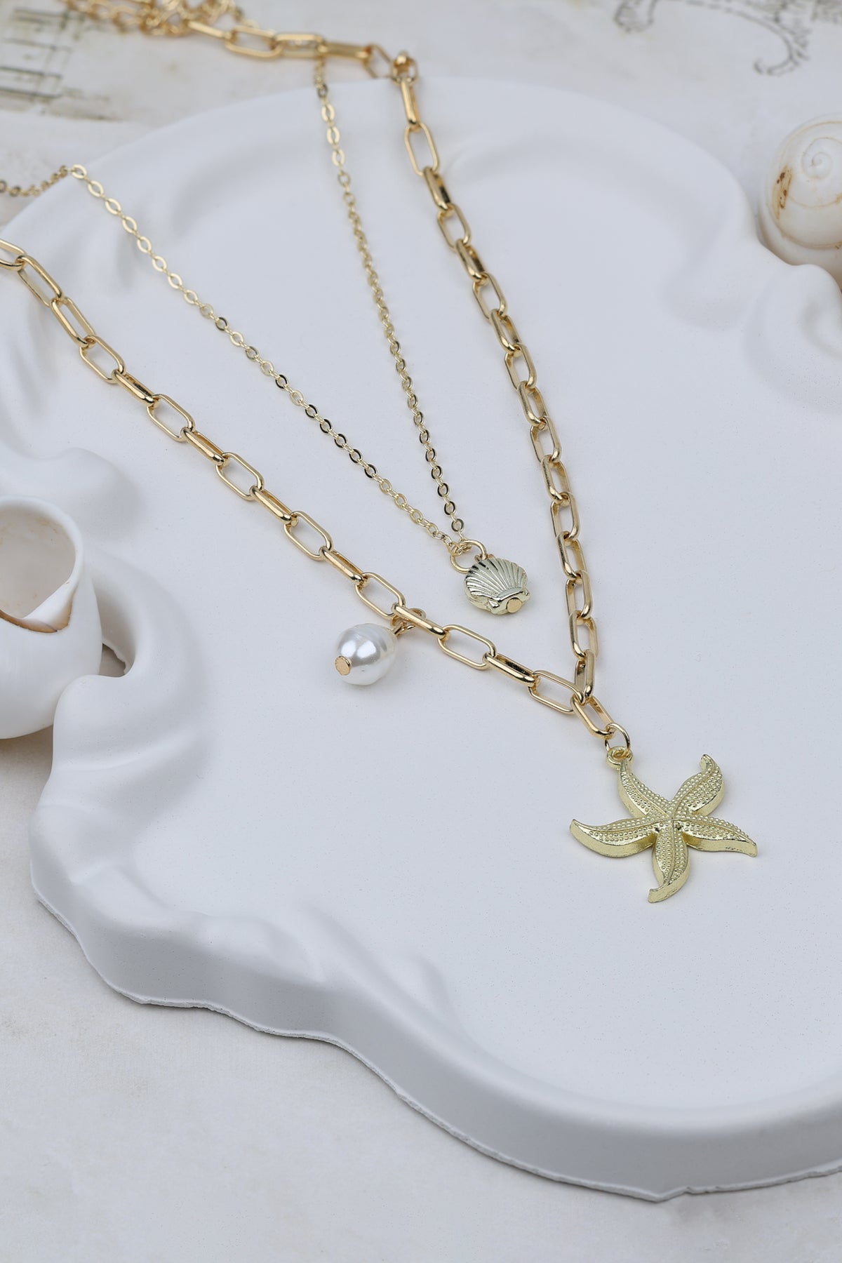 Layered Starfish and Seashell Charm Necklace