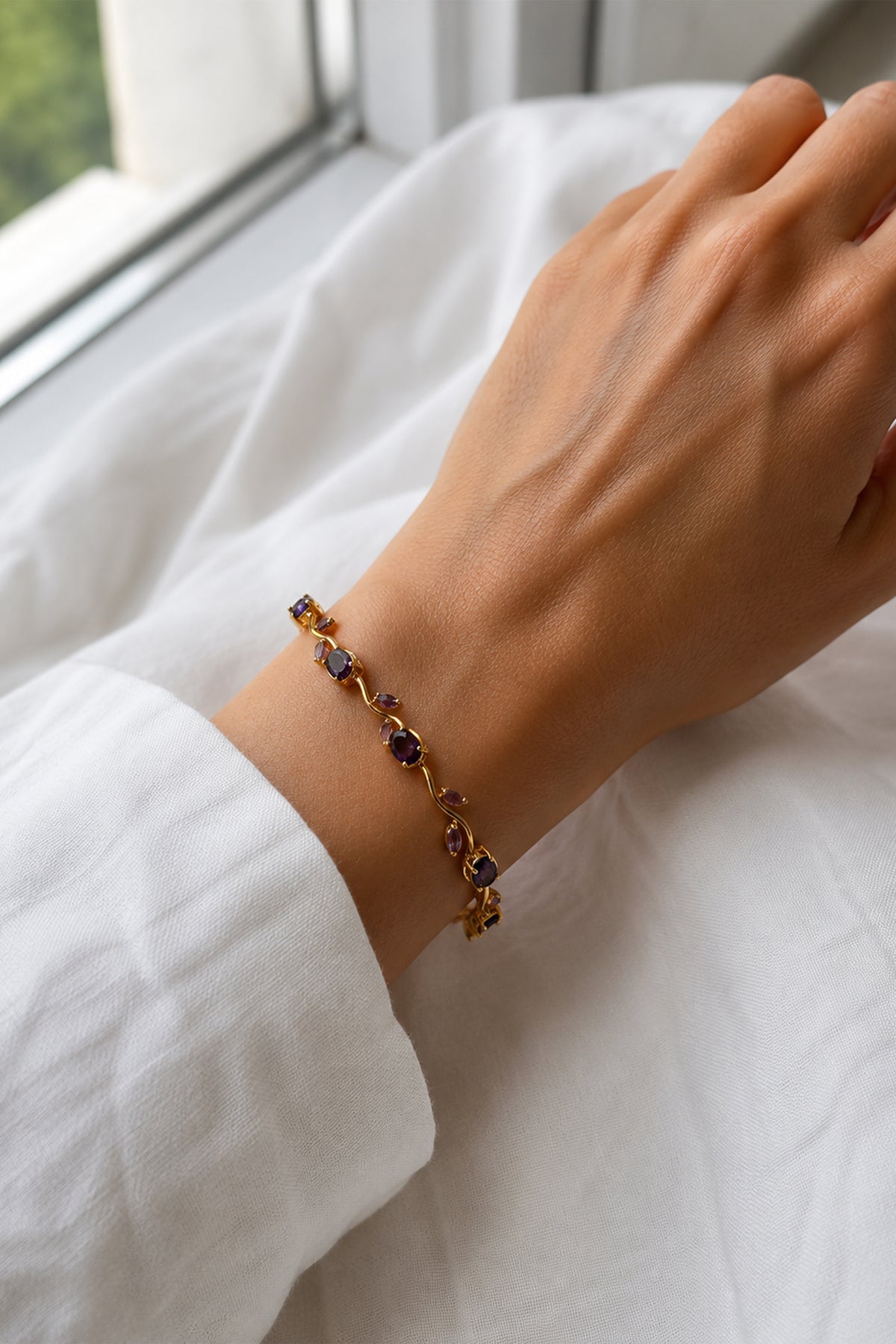 Purple Amethyst CZ Tulip Bracelet for Women - Anti Tarnish Gold Plated Stainless Steel Vine Bangle, Gift for Her