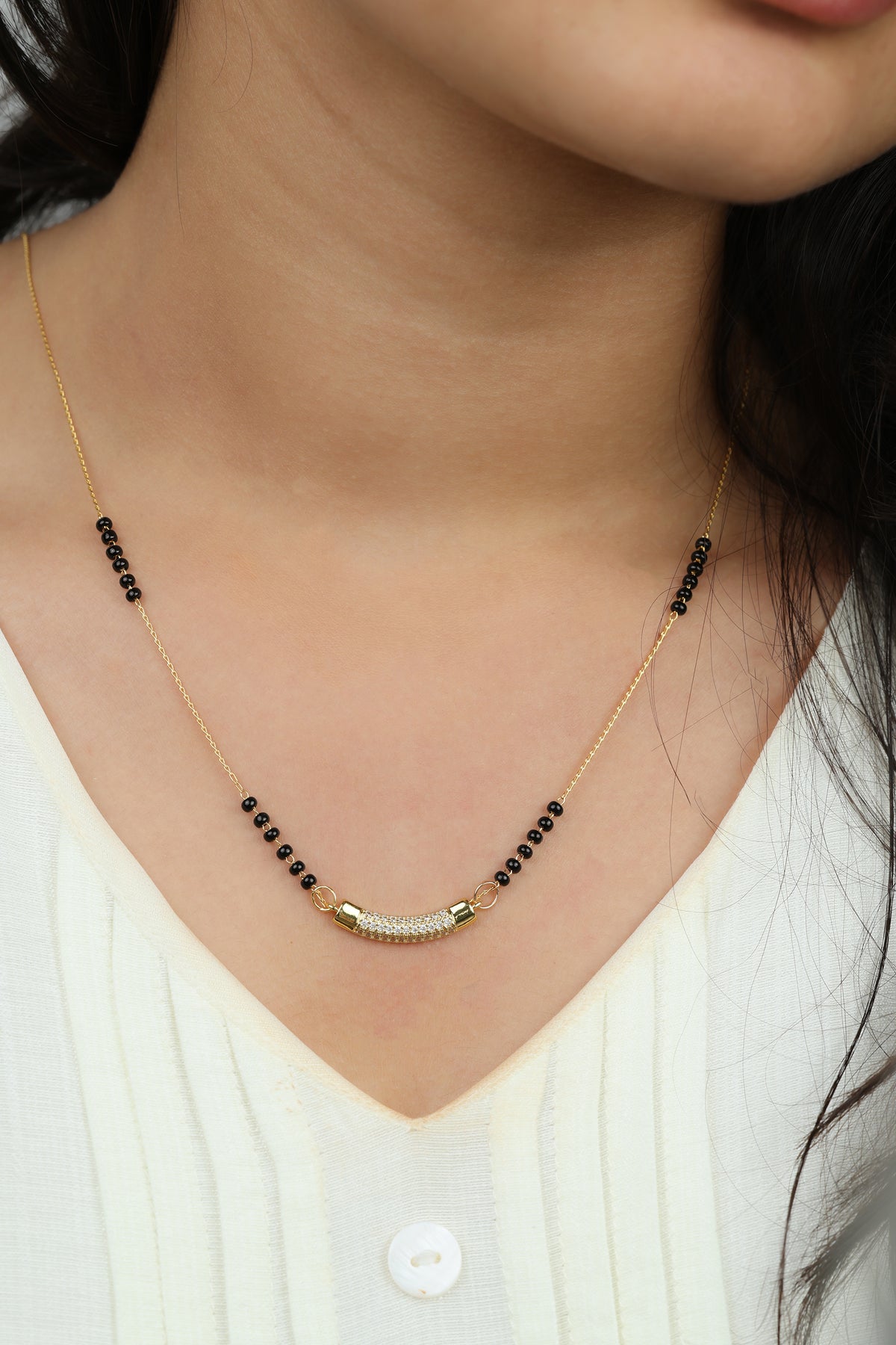 Dainty Gold Mangalsutra – Slim CZ Tube Bar Pendant Daily Wear Necklace for Women