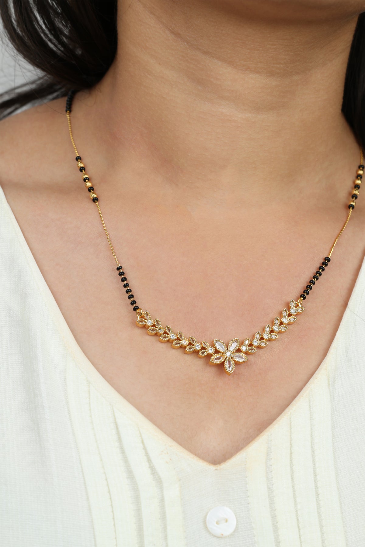 Dainty Gold Mangalsutra – Floral Leaf CZ Pendant Daily Wear Necklace