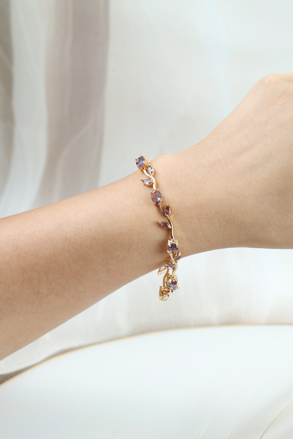 Tulip Vine Bracelet - Amethyst Purple CZ Stones,  Gold Plated Purple CZ Tulip Bracelet in Gold Plating