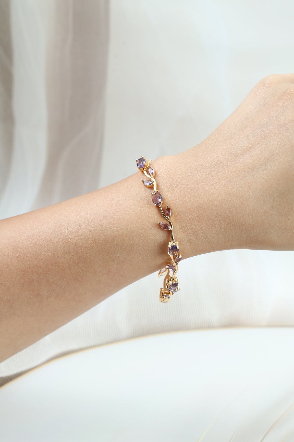 Tulip Vine Bracelet - Amethyst Purple CZ Stones,  Gold Plated Purple CZ Tulip Bracelet in Gold Plating