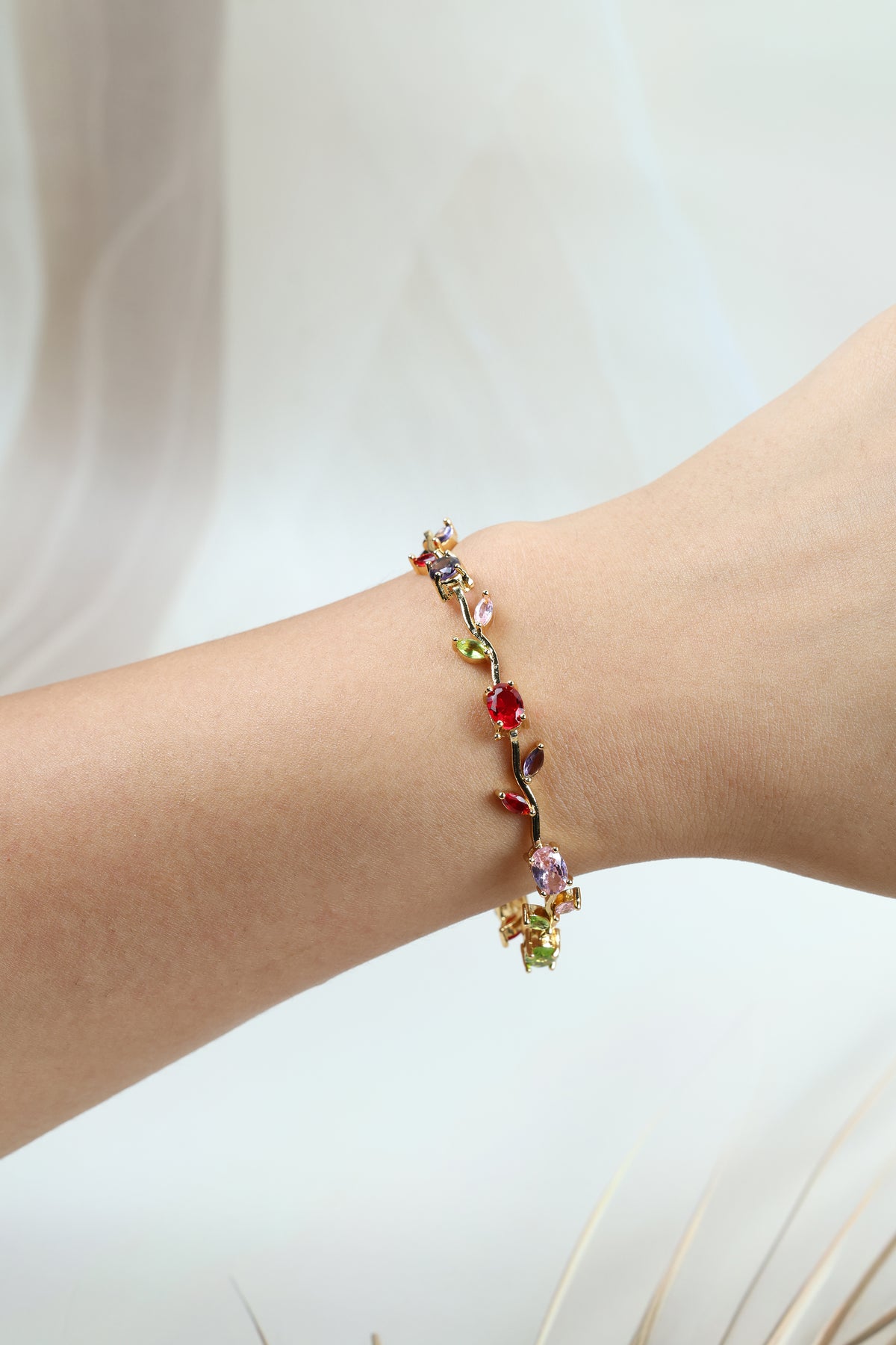 Multicolor Tulip Bracelet - Gold Plated Vine Design  Multicolor Tulip Bracelet for Women | Gold Plated CZ
