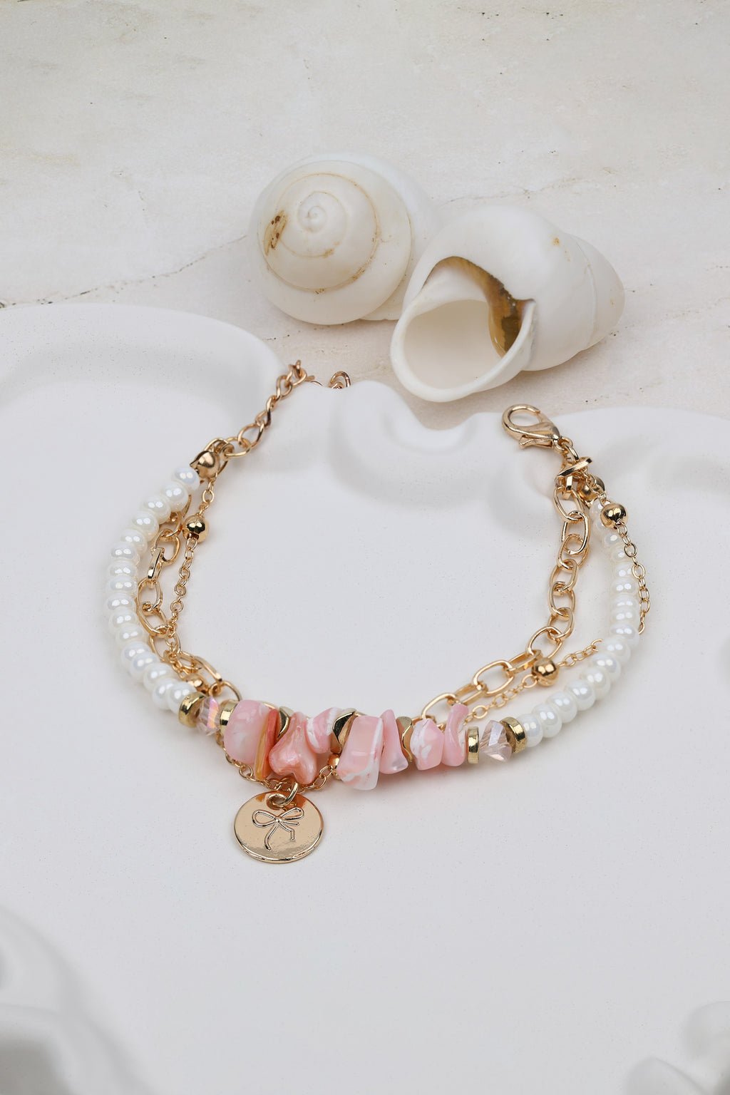 Pink Stone and Pearl Layered Bracelet