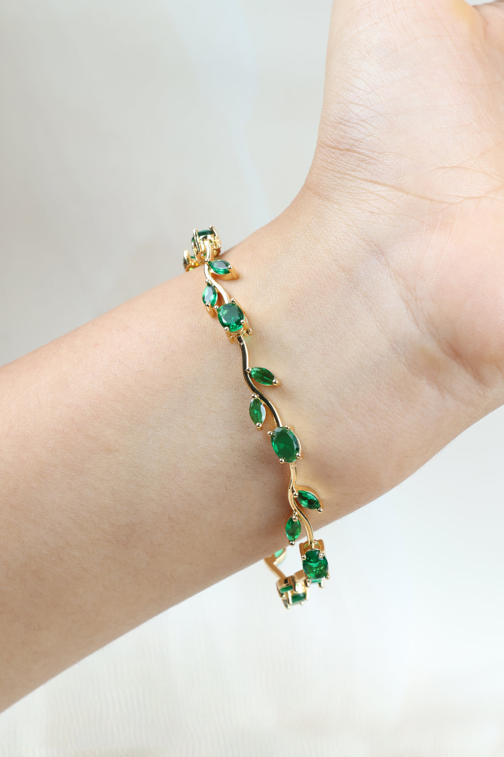 Green Tulip Bracelet - Emerald-Green Vine Design Green Tulip Bracelet for Women  Gold Plated CZ