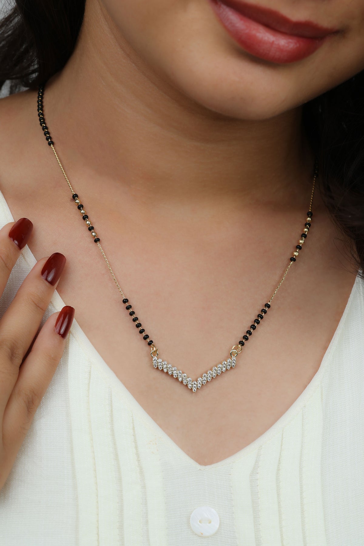 Dainty Gold Mangalsutra – V-Shape CZ Pendant Daily Wear Necklace for Women