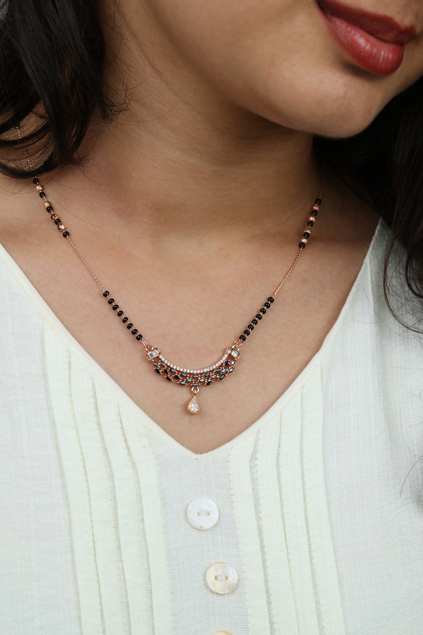 Dainty Rose Gold Mangalsutra – Black & White CZ Curved Pendant with Drop Daily Wear Necklace for Women