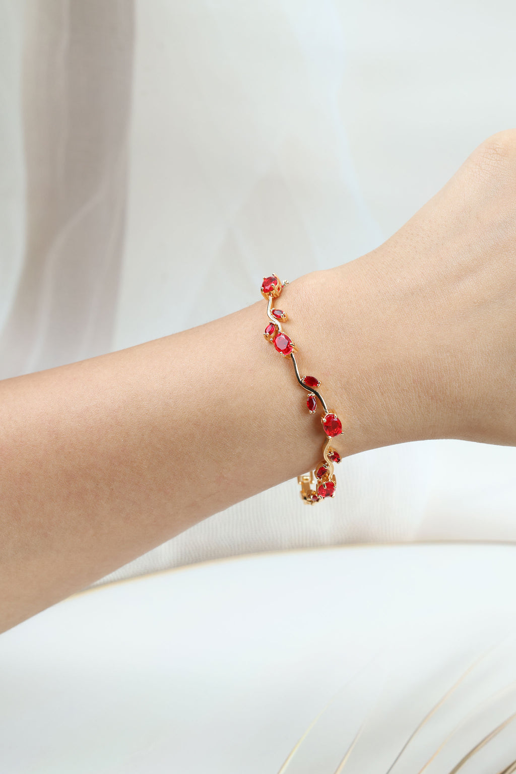 Ruby Red Stone Bracelet for Wedding & Party Wear,Anti Tarnish Gold Plated Steel CZ Tulip Vine Bangle