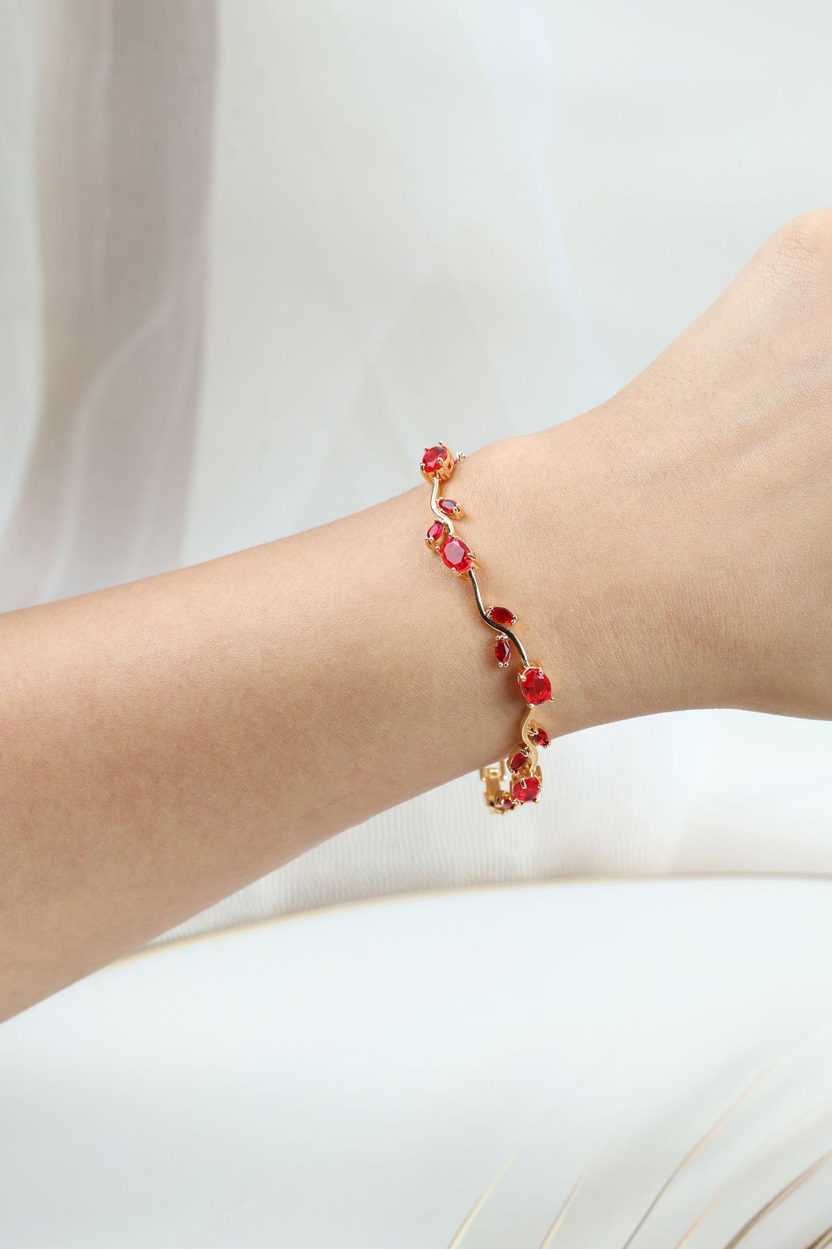 Ruby Red Stone Bracelet for Wedding & Party Wear,Anti Tarnish Gold Plated Steel CZ Tulip Vine Bangle
