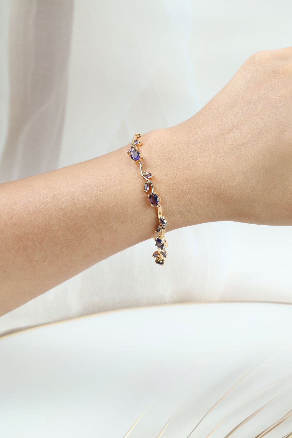 Purple Amethyst CZ Tulip Bracelet for Women - Anti Tarnish Gold Plated Stainless Steel Vine Bangle, Gift for Her