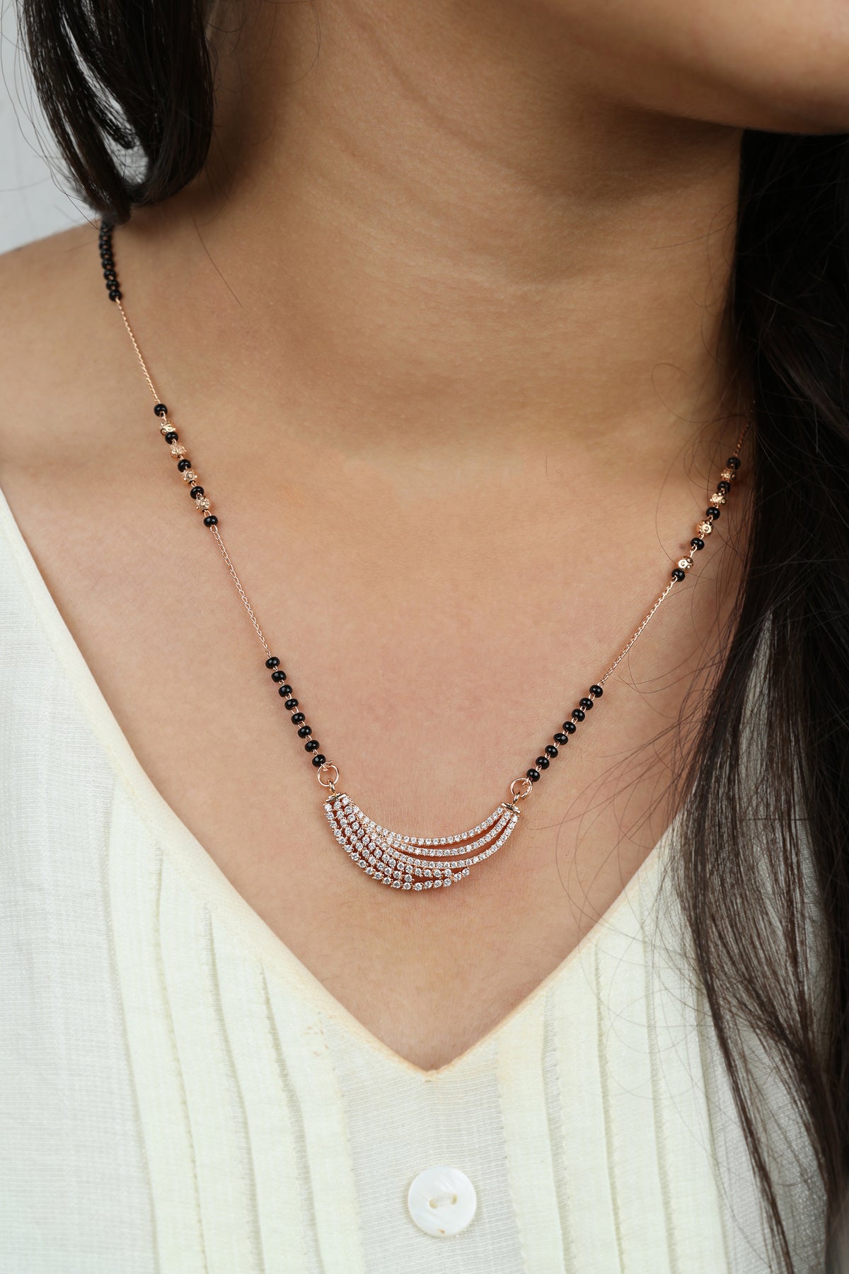 Dainty Rose Gold Mangalsutra – Crescent CZ Pendant Daily Wear Necklace