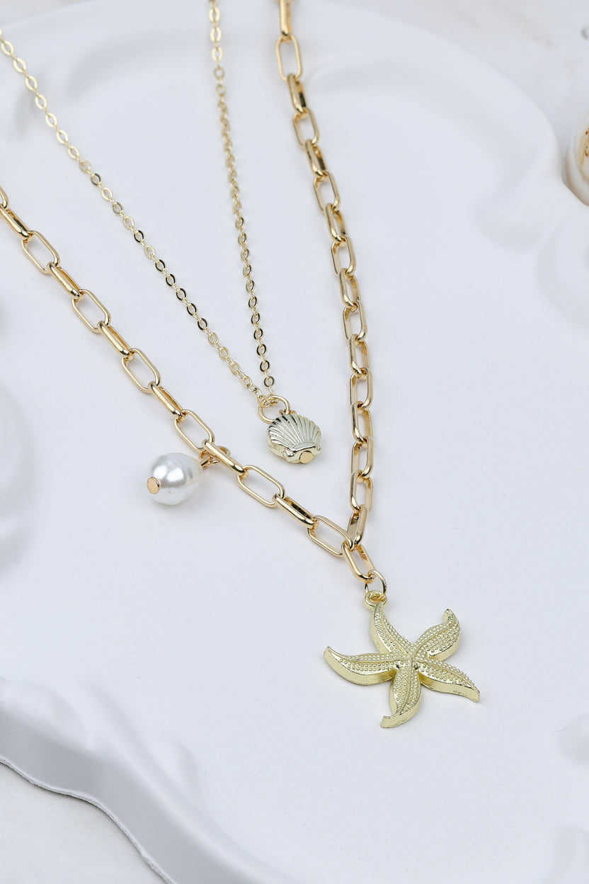 Layered Starfish and Seashell Charm Necklace