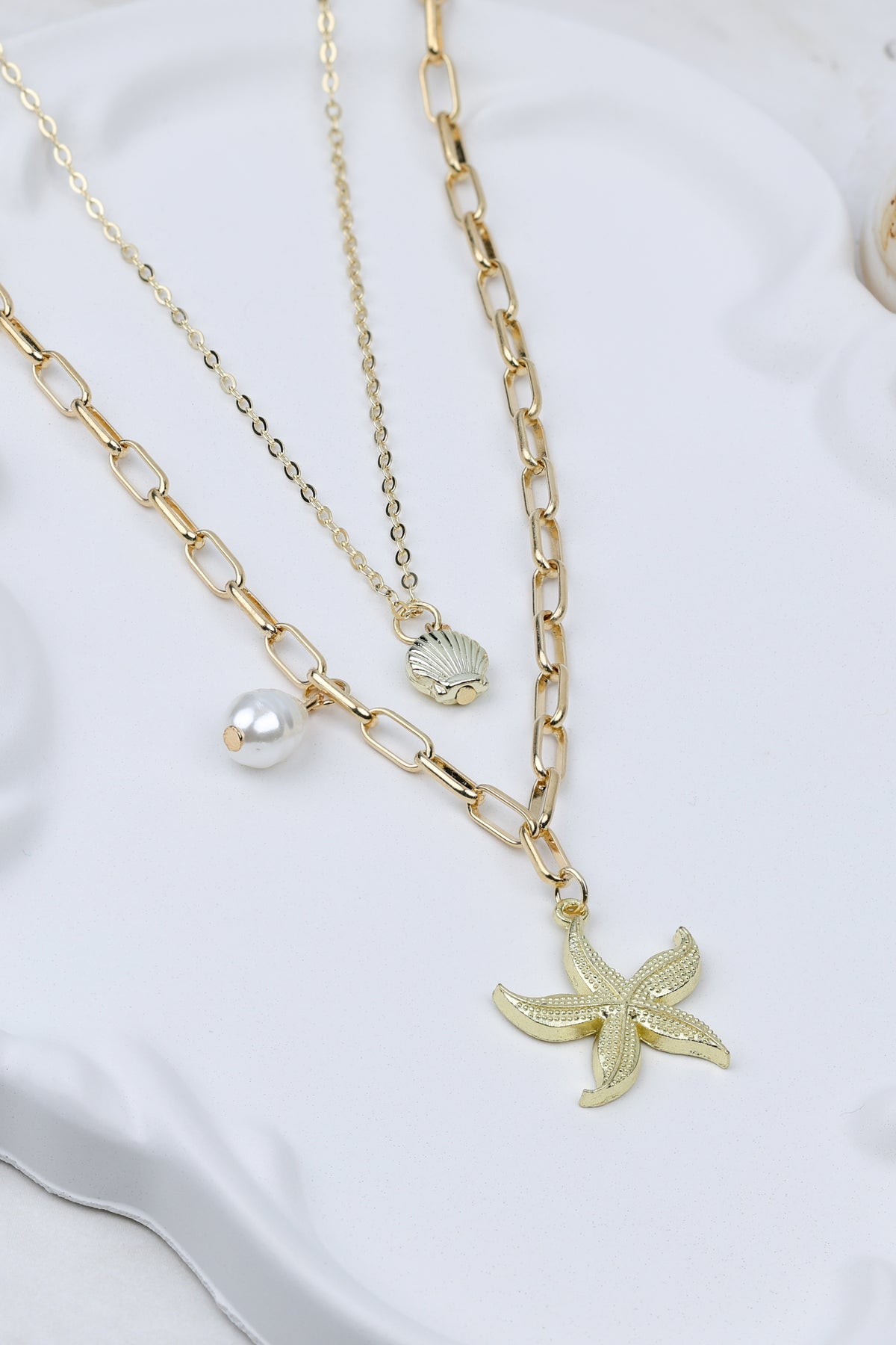 Layered Starfish and Seashell Charm Necklace
