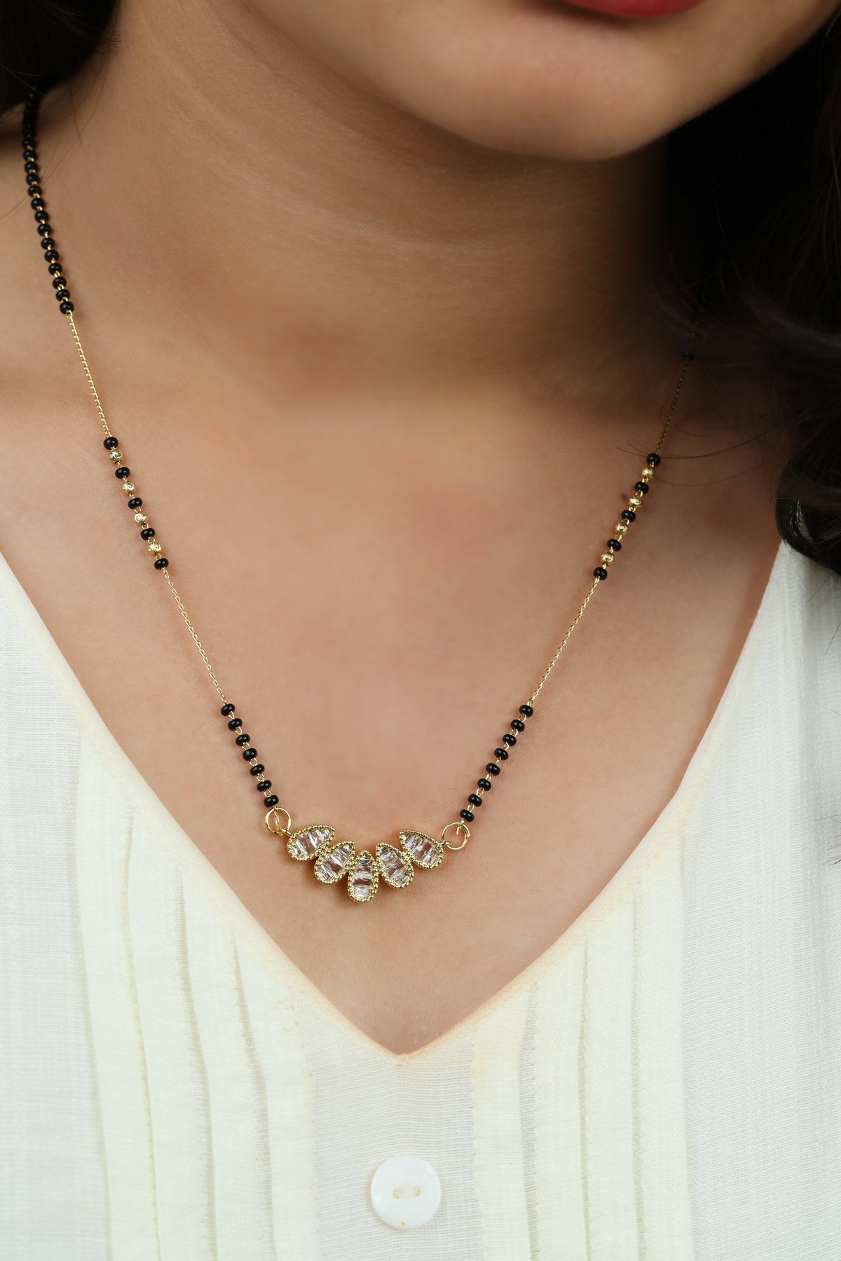 Dainty Gold Mangalsutra – Teardrop Petal CZ Pendant Daily Wear Necklace for Women