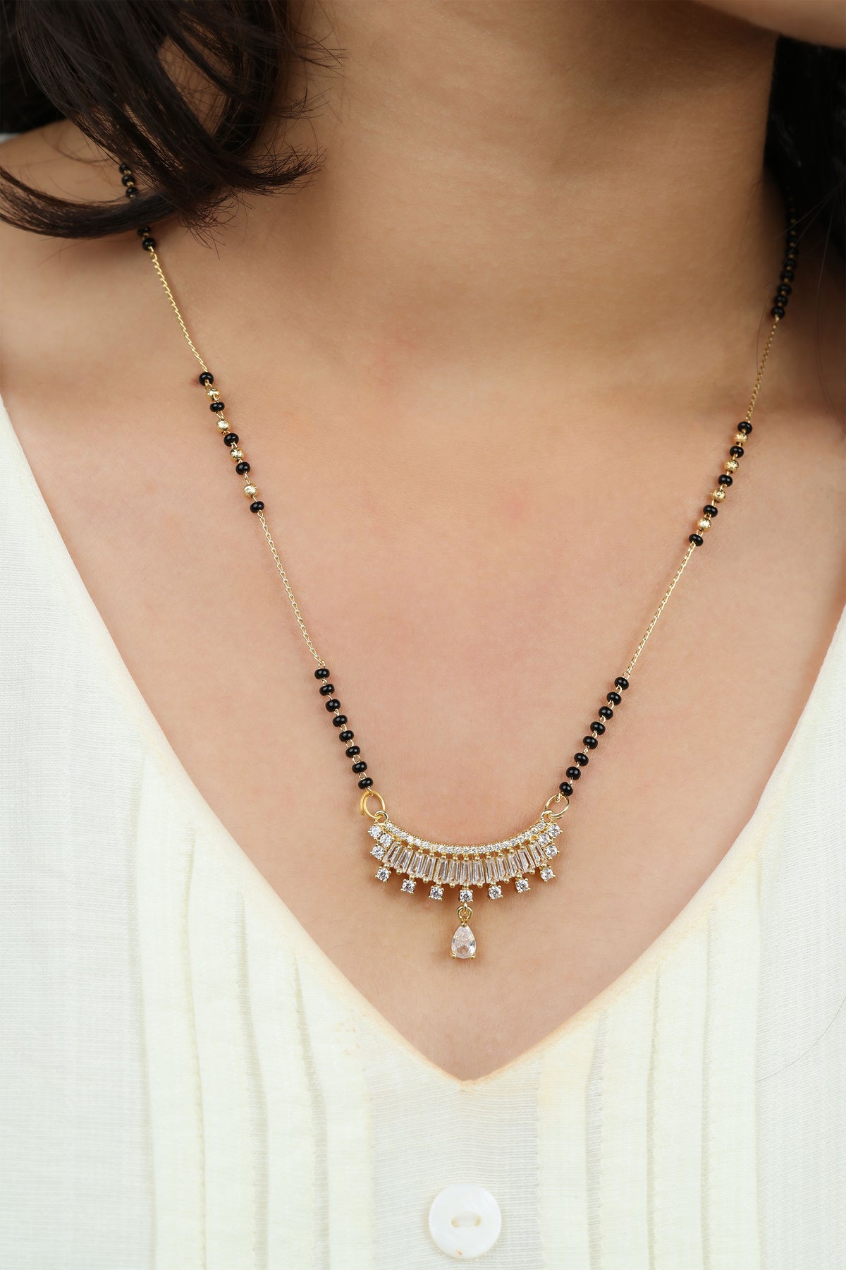 Dainty Gold Mangalsutra – Baguette CZ Bar Pendant with Drop Daily Wear Necklace for Women