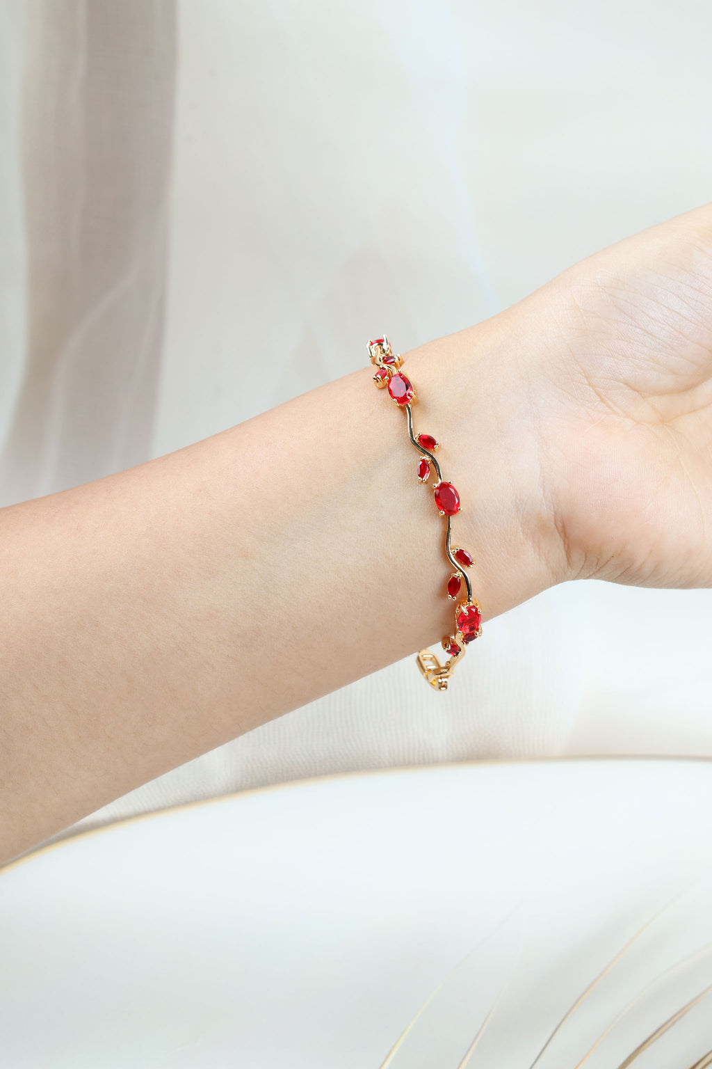 Ruby Red Stone Bracelet for Wedding & Party Wear,Anti Tarnish Gold Plated Steel CZ Tulip Vine Bangle