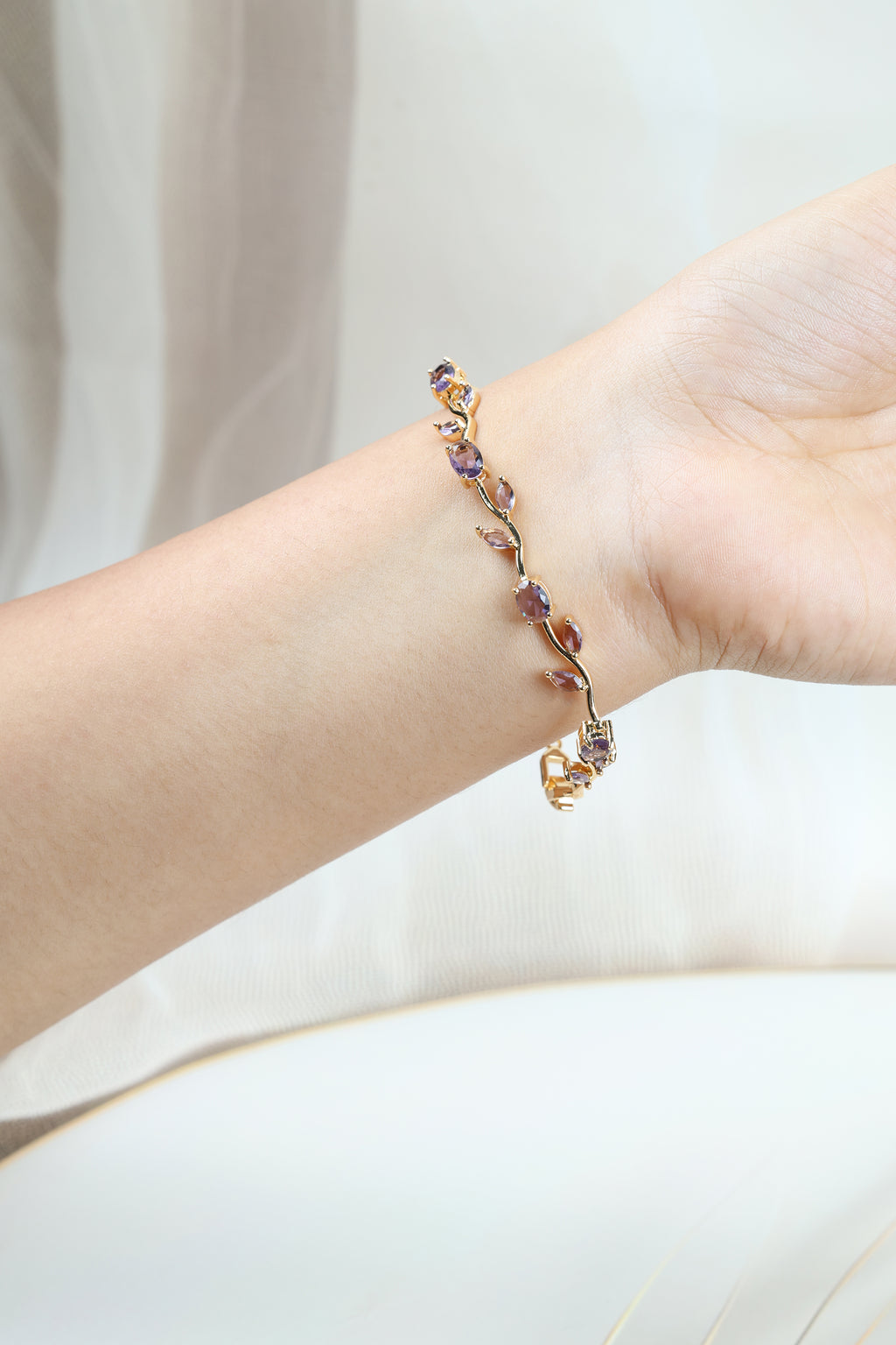 Tulip Vine Bracelet - Amethyst Purple CZ Stones,  Gold Plated Purple CZ Tulip Bracelet in Gold Plating