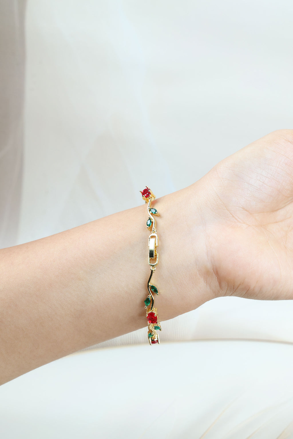 Red Tulip Bracelet - Gold Plated Vine Design Red Tulip Bracelet for Women  Gold Plated CZ
