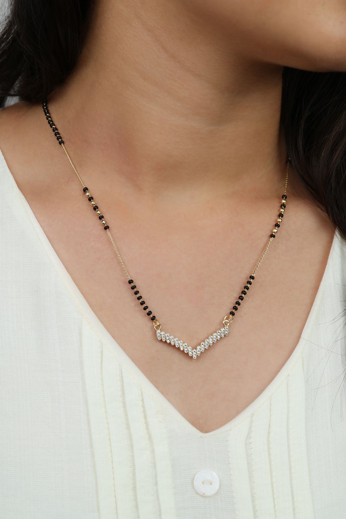 Dainty Gold Mangalsutra – V-Shape CZ Pendant Daily Wear Necklace for Women
