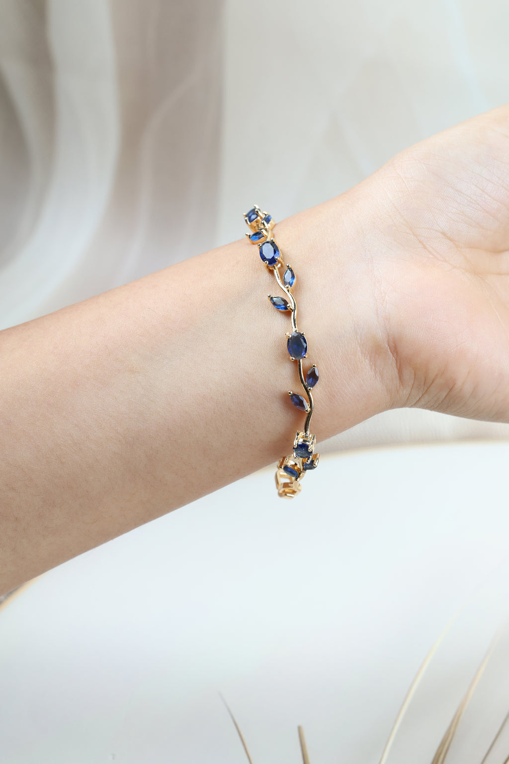 Tulip Vine Bracelet - Sapphire Blue CZ Stones, 18K Gold Plated, Royal Blue CZ Tulip Bracelet in Gold Plating