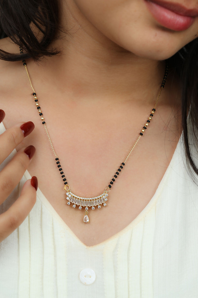 Dainty Gold Mangalsutra – Baguette CZ Bar Pendant with Drop Daily Wear Necklace for Women