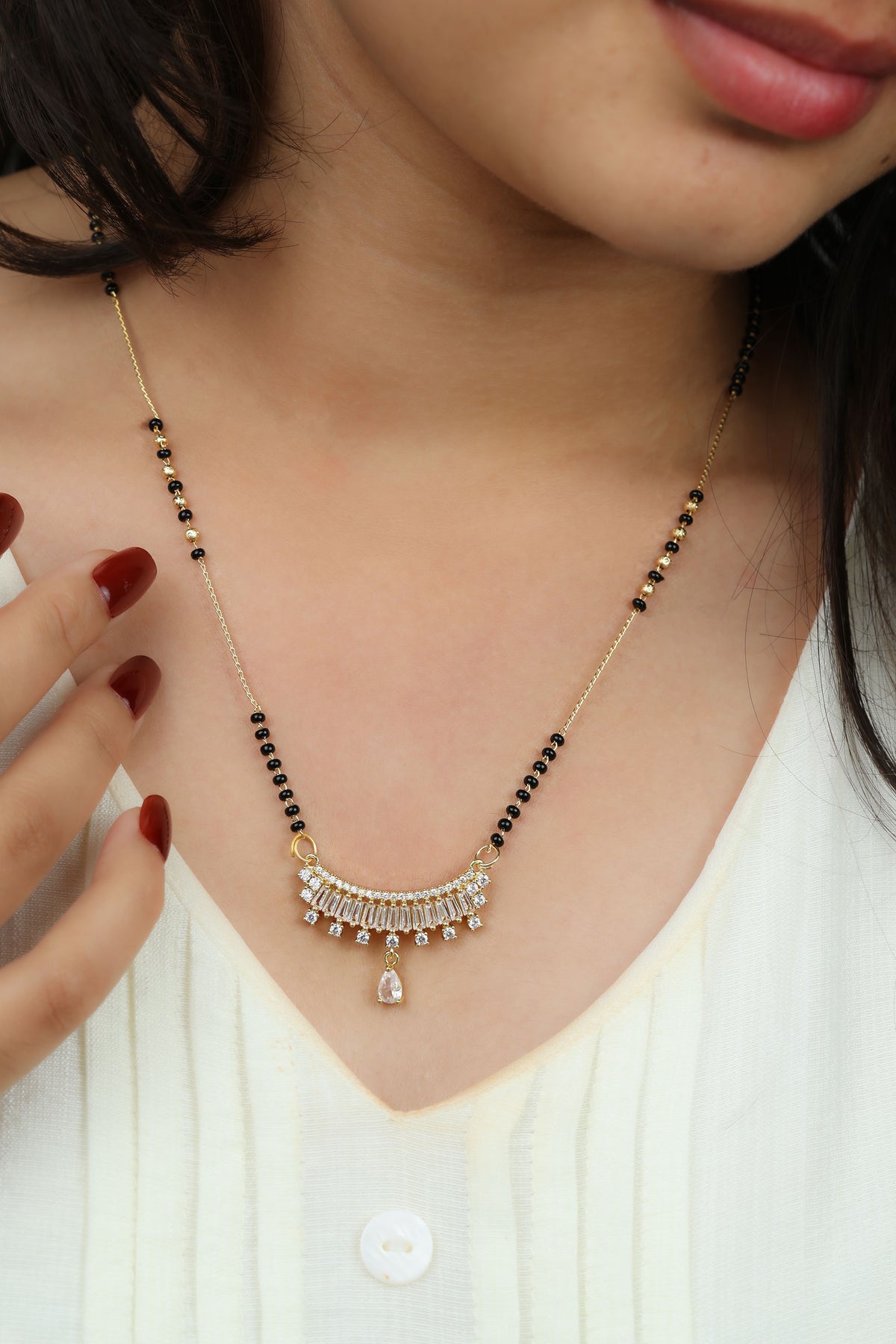 Dainty Gold Mangalsutra – Baguette CZ Bar Pendant with Drop Daily Wear Necklace for Women
