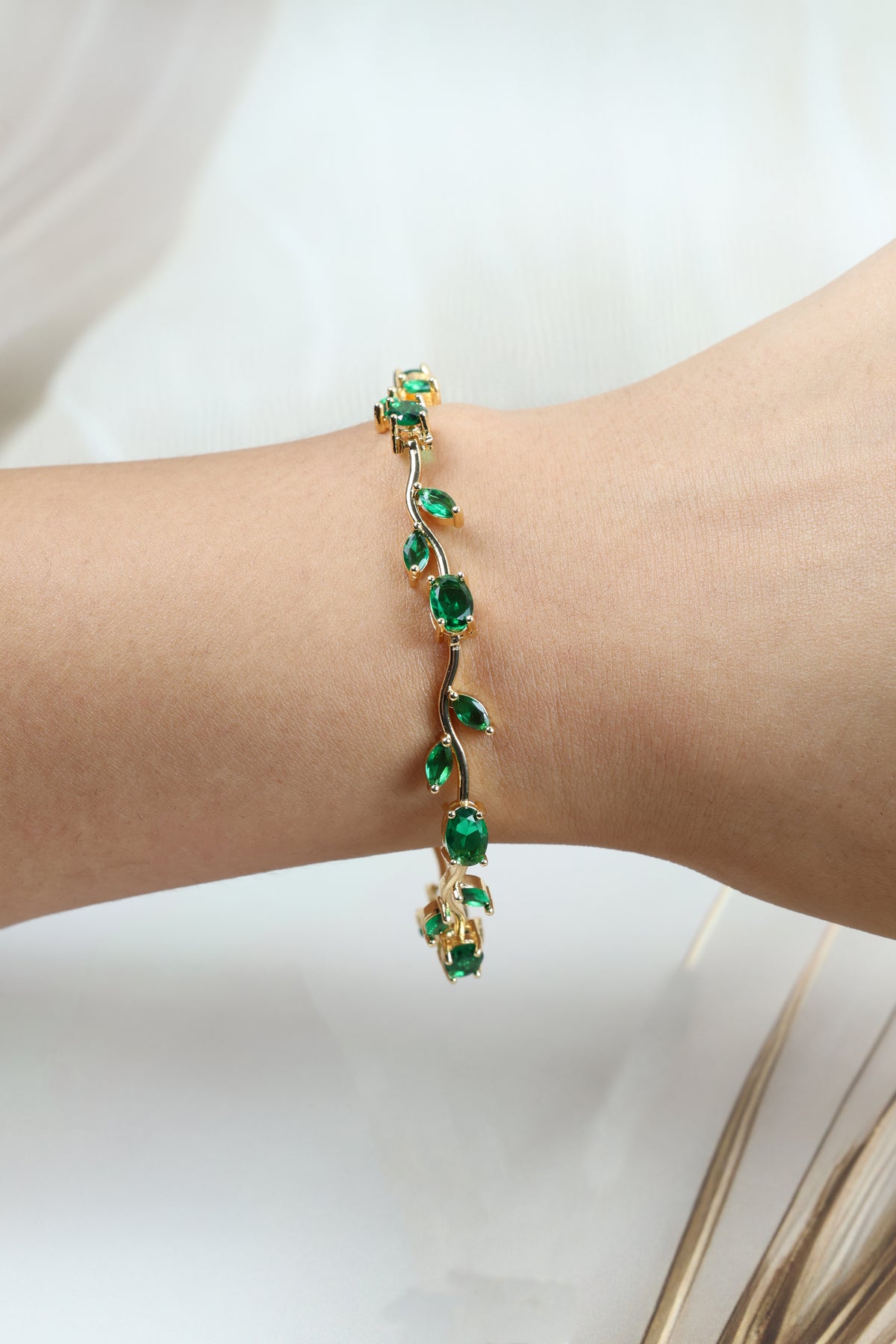 Green Tulip Bracelet - Emerald-Green Vine Design Green Tulip Bracelet for Women  Gold Plated CZ