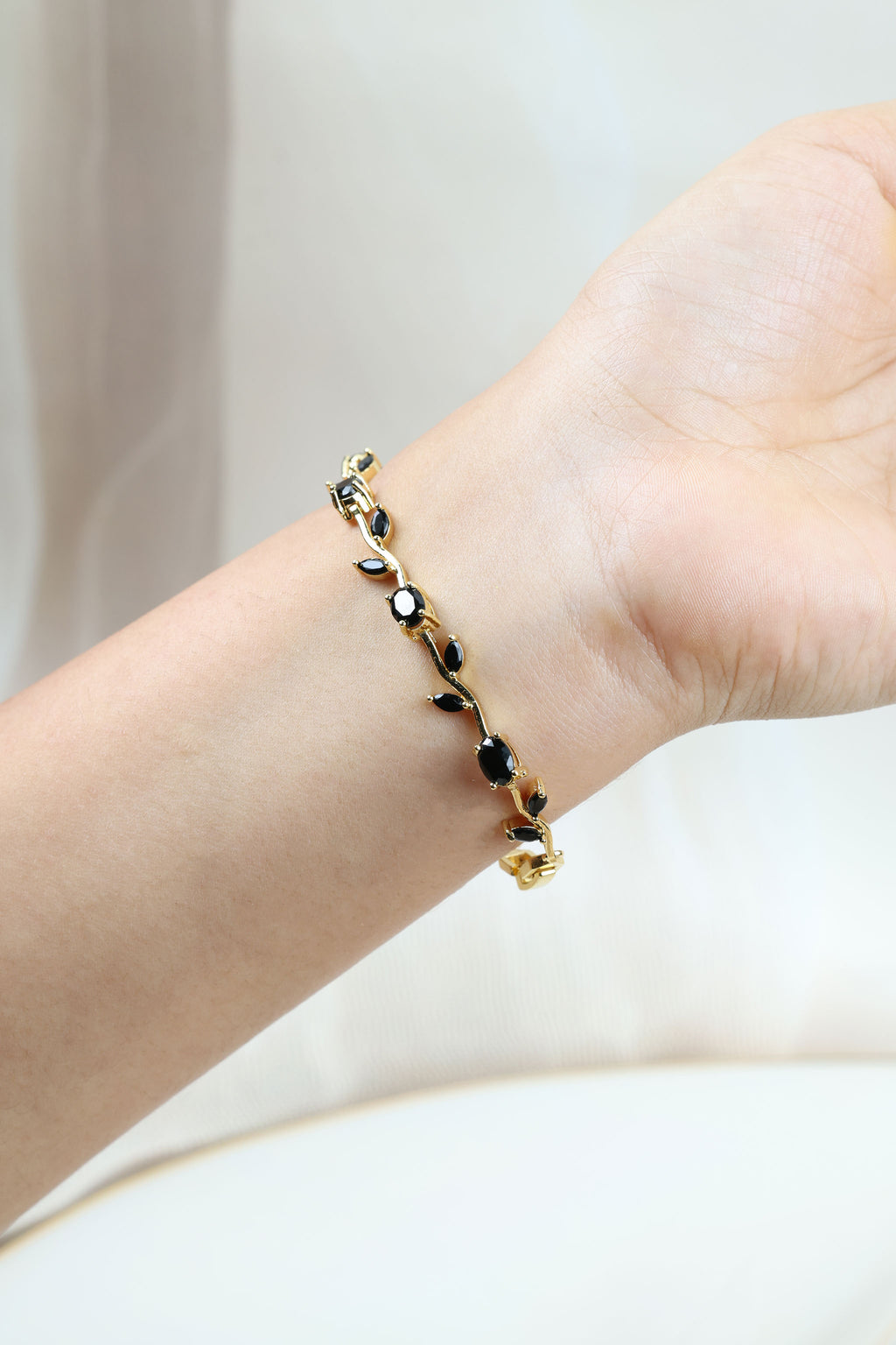 Tulip Vine Bracelet - Onyx Black CZ Stones,  Gold Plated Black CZ Tulip Bracelet in Gold Plating