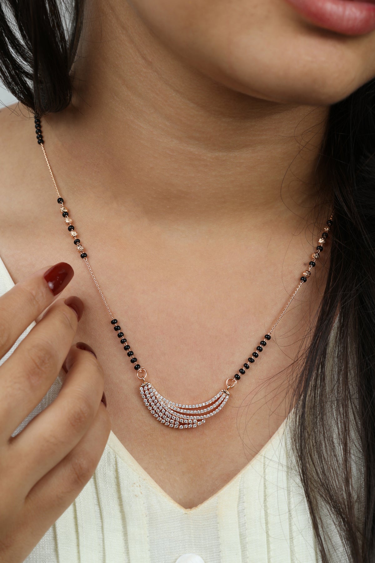 Dainty Rose Gold Mangalsutra – Crescent CZ Pendant Daily Wear Necklace