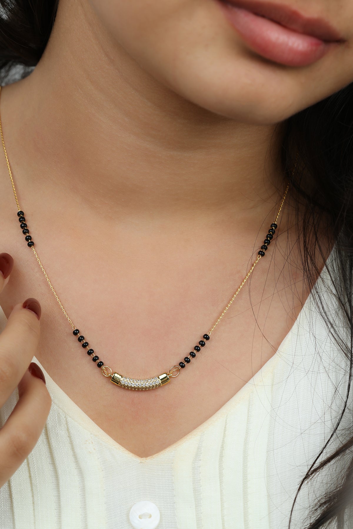 Dainty Gold Mangalsutra – Slim CZ Tube Bar Pendant Daily Wear Necklace for Women