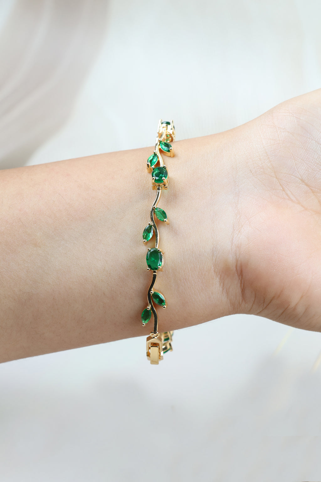 Green Tulip Bracelet - Emerald-Green Vine Design Green Tulip Bracelet for Women  Gold Plated CZ