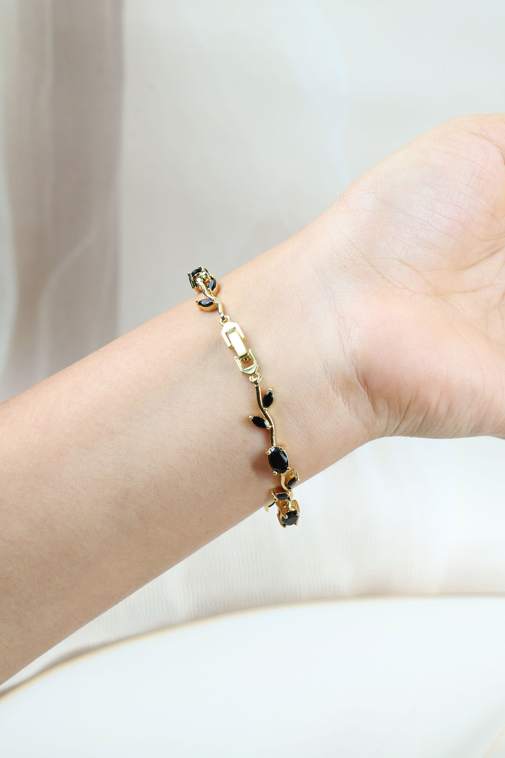 Tulip Vine Bracelet - Onyx Black CZ Stones,  Gold Plated Black CZ Tulip Bracelet in Gold Plating