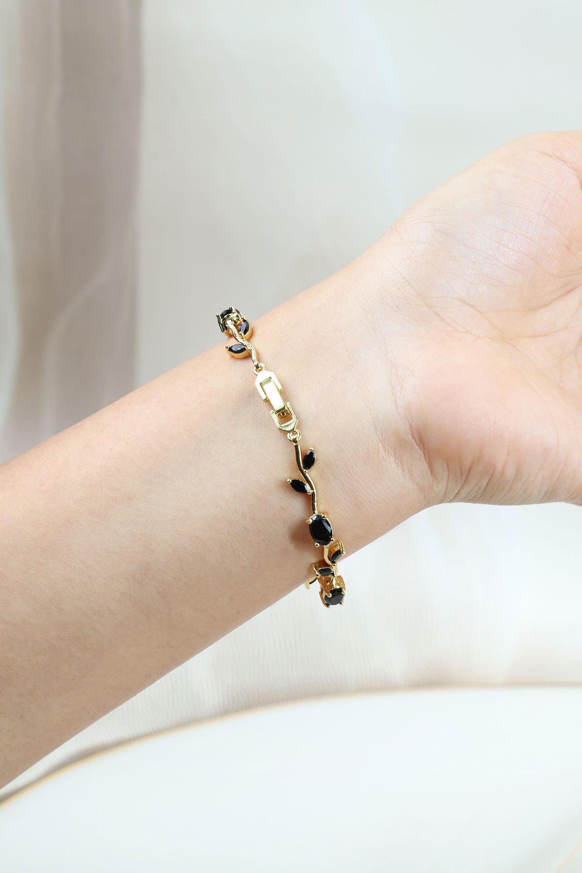 Tulip Vine Bracelet - Onyx Black CZ Stones,  Gold Plated Black CZ Tulip Bracelet in Gold Plating