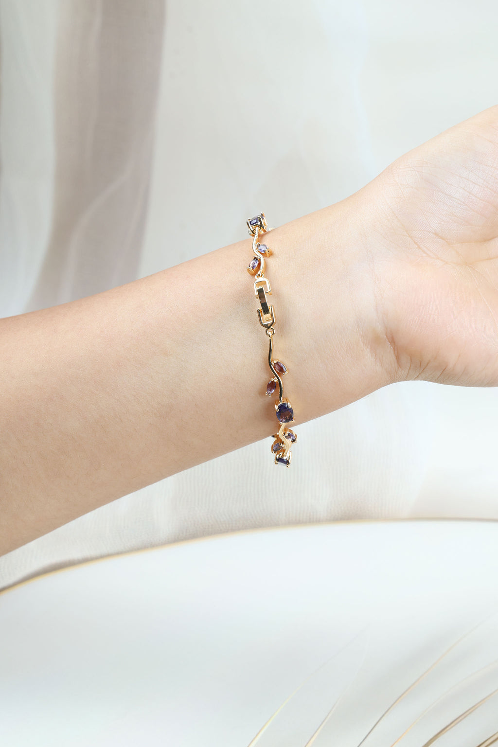 Purple Amethyst CZ Tulip Bracelet for Women - Anti Tarnish Gold Plated Stainless Steel Vine Bangle, Gift for Her