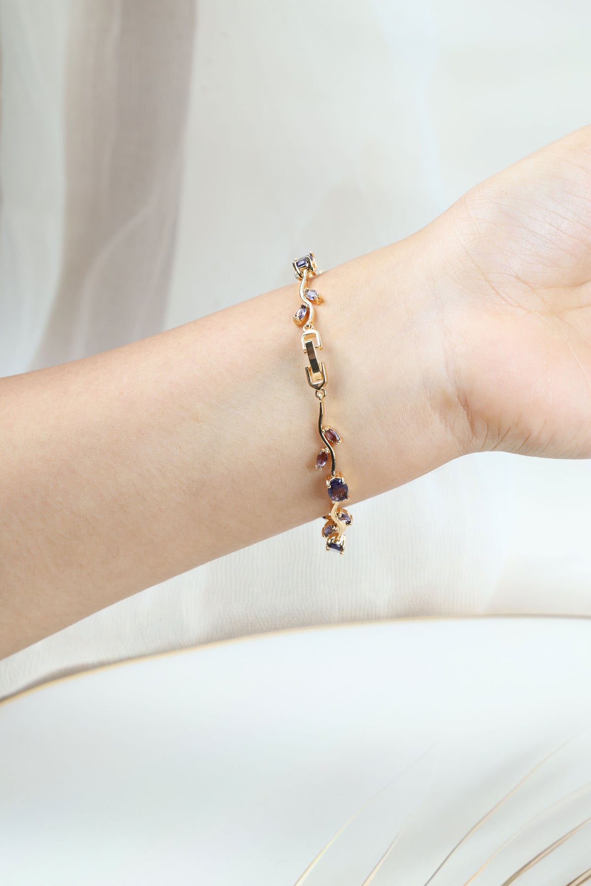 Purple Amethyst CZ Tulip Bracelet for Women - Anti Tarnish Gold Plated Stainless Steel Vine Bangle, Gift for Her