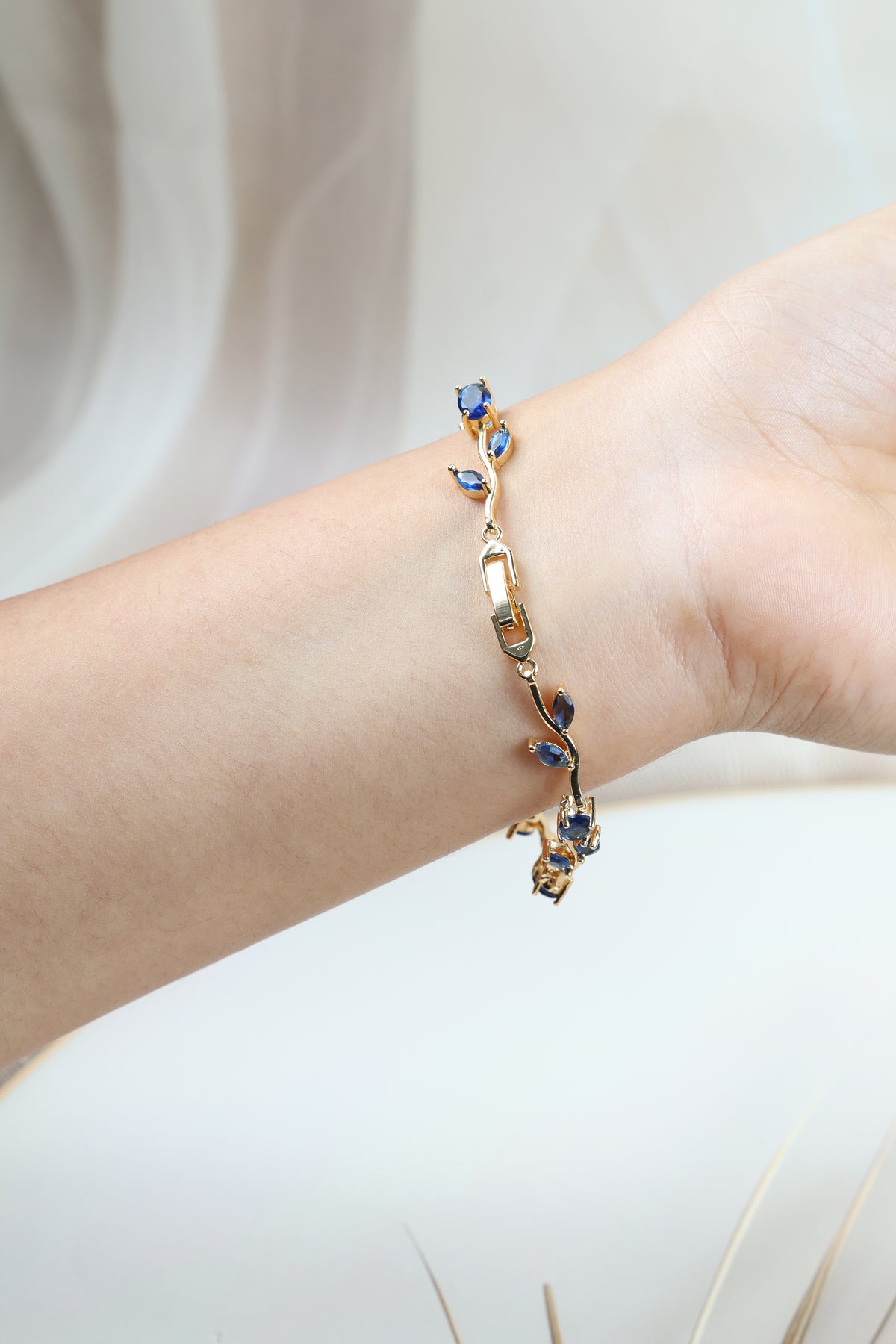 Tulip Vine Bracelet - Sapphire Blue CZ Stones, 18K Gold Plated, Royal Blue CZ Tulip Bracelet in Gold Plating