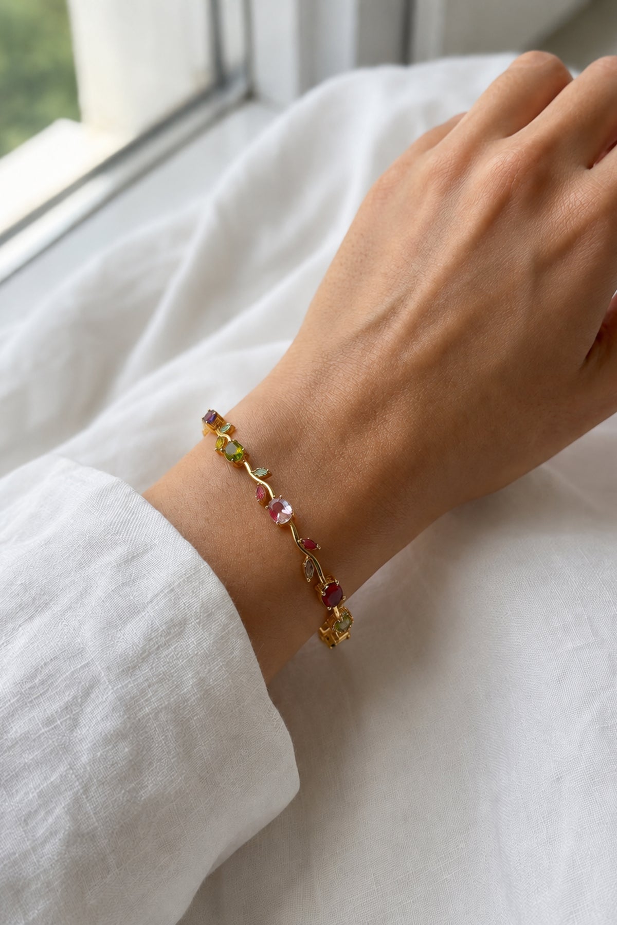 Multicolor Tulip Bracelet - Gold Plated Vine Design  Multicolor Tulip Bracelet for Women  Gold Plated CZ