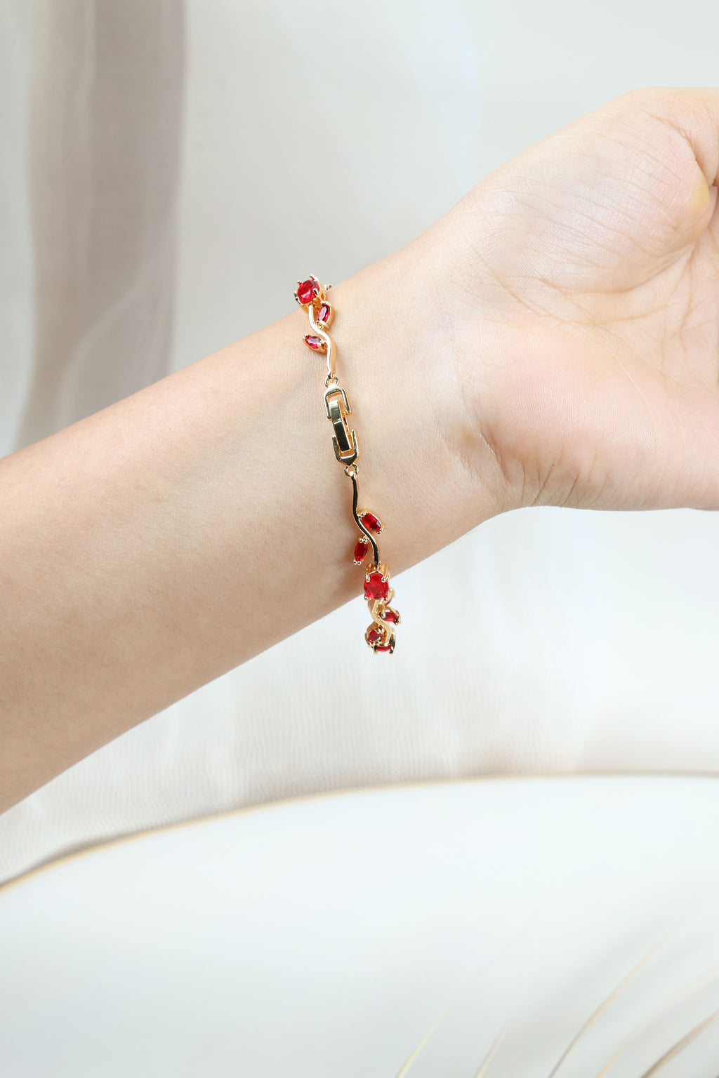 Ruby Red Stone Bracelet for Wedding & Party Wear,Anti Tarnish Gold Plated Steel CZ Tulip Vine Bangle