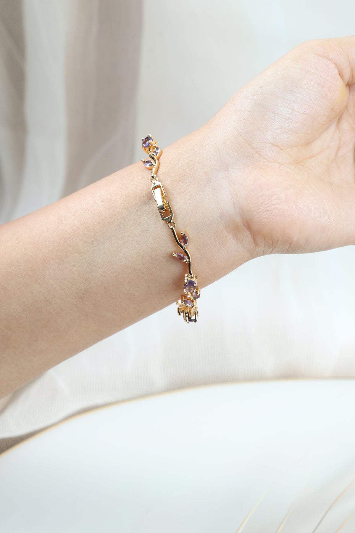 Tulip Vine Bracelet - Amethyst Purple CZ Stones,  Gold Plated Purple CZ Tulip Bracelet in Gold Plating