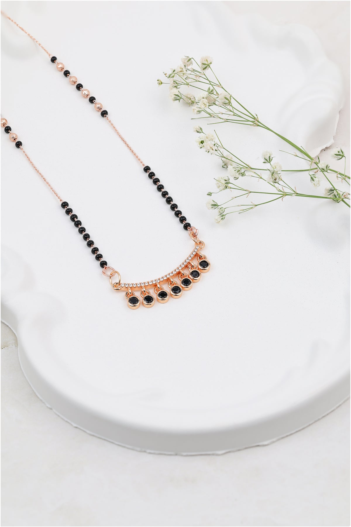 Dainty Rose-Toned Fringe Mangalsutra - detail view
