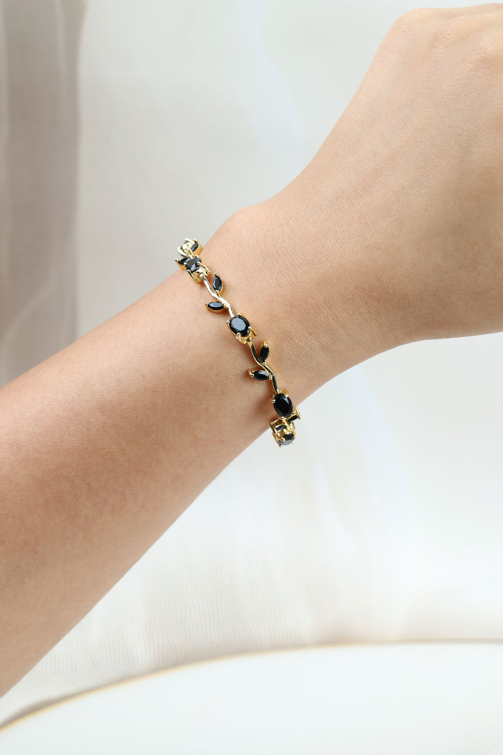Tulip Vine Bracelet - Onyx Black CZ Stones,  Gold Plated Black CZ Tulip Bracelet in Gold Plating
