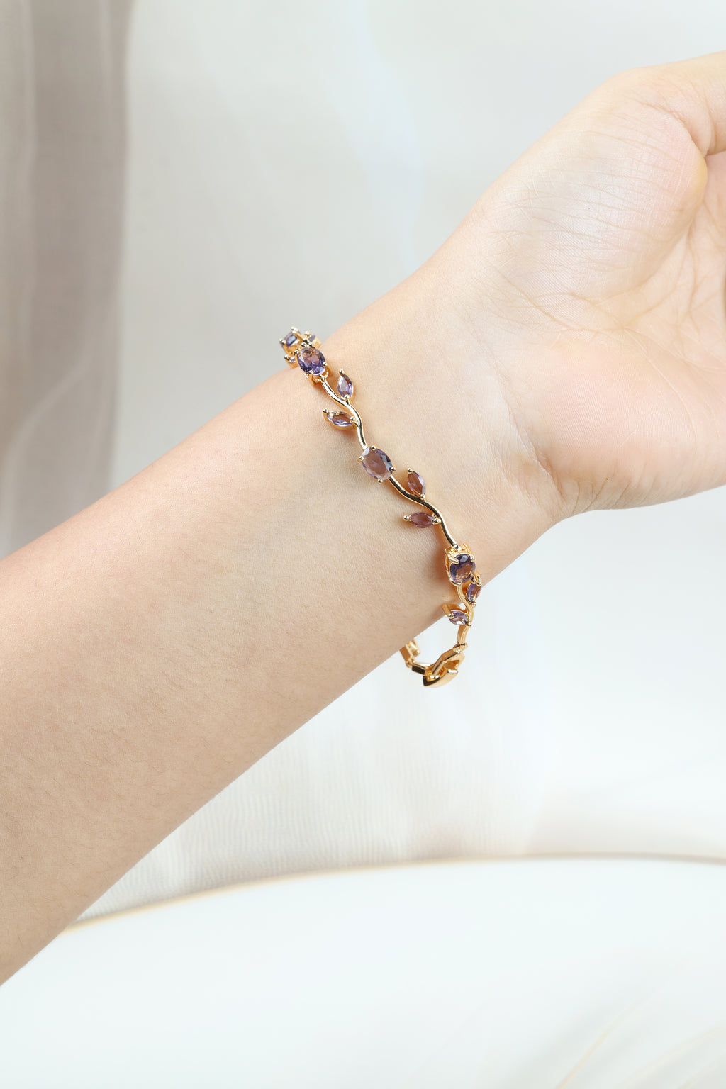Tulip Vine Bracelet - Amethyst Purple CZ Stones,  Gold Plated Purple CZ Tulip Bracelet in Gold Plating