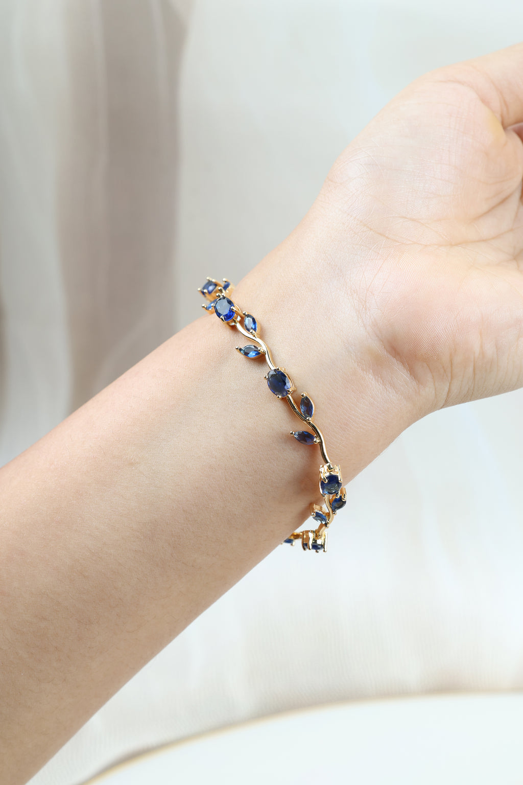 Tulip Vine Bracelet - Sapphire Blue CZ Stones, 18K Gold Plated, Royal Blue CZ Tulip Bracelet in Gold Plating