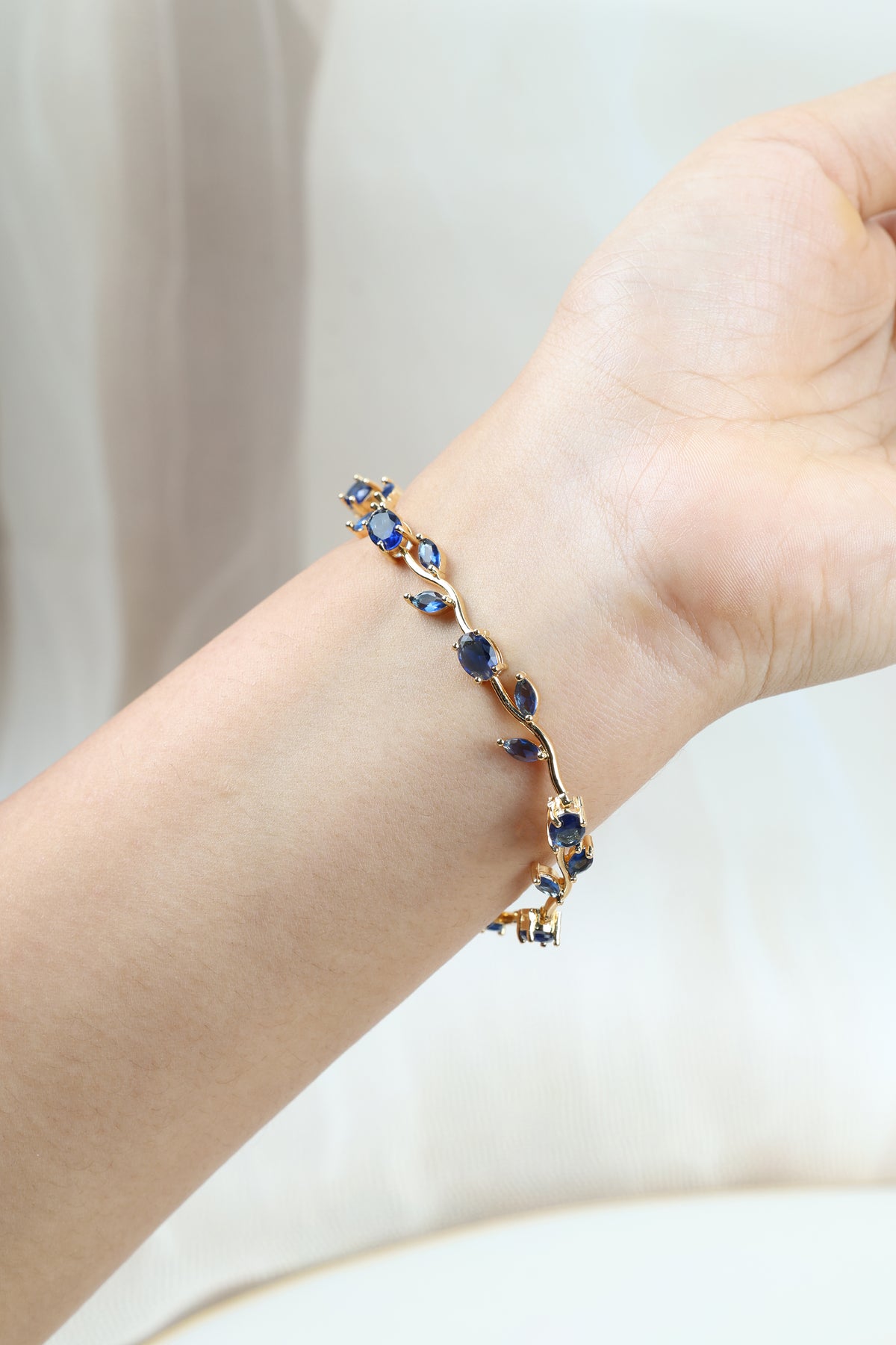 Tulip Vine Bracelet - Sapphire Blue CZ Stones, 18K Gold Plated, Royal Blue CZ Tulip Bracelet in Gold Plating
